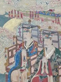 Chinese school: 'Deities in heaven', ink and colour on silk, Qing