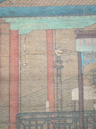 Chinese school: 'A bear breaks into the palace', ink and colour on silk, Qing