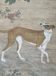 Chinese school, after Giuseppe Castiglione 郎世寧 (1688-1766): 'Hound under the sycamore tree', ink and colour on silk, Qianlong seal mark,18/19th C.