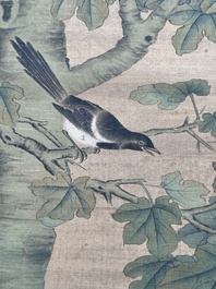 Chinese school, after Giuseppe Castiglione 郎世寧 (1688-1766): 'Hound under the sycamore tree', ink and colour on silk, Qianlong seal mark,18/19th C.