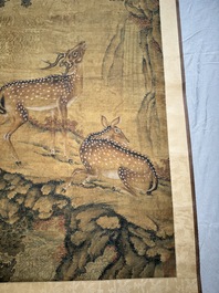 Chinese school: 'Two deer under a pine tree', ink and colour on silk, Qing or later