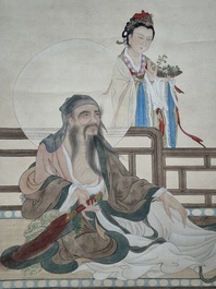 Huang Bore 黃般若 (1901-1968): 'Vimalakirti and his servant', ink and colour on paper, dated 1947