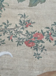 Chinese school, after Giuseppe Castiglione 郎世寧 (1688-1766): 'Hound under the sycamore tree', ink and colour on silk, Qianlong seal mark,18/19th C.