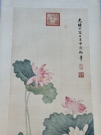 Chinese school: 'Lotus', ink and colour on paper, Cixi seal mark, 19/20th C.