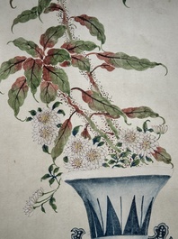 Chinese school: 'Archaic vase filled with flowers', ink and colour on paper, Cixi seal mark, 19/20th C.