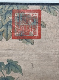 Chinese school, after Giuseppe Castiglione 郎世寧 (1688-1766): 'Hound under the sycamore tree', ink and colour on silk, Qianlong seal mark,18/19th C.