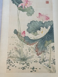 Chinese school: 'Lotus', ink and colour on paper, Cixi seal mark, 19/20th C.