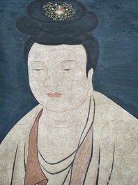 Chinese school: 'Guanyin', ink and colour on silk, Qing