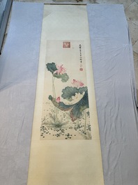 Chinese school: 'Lotus', ink and colour on paper, Cixi seal mark, 19/20th C.
