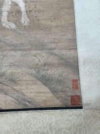 Chinese school, after Giuseppe Castiglione 郎世寧 (1688-1766): 'Hound under the sycamore tree', ink and colour on silk, Qianlong seal mark,18/19th C.