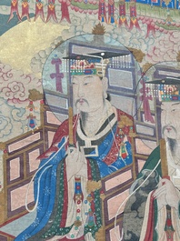 Chinese school: 'Deities in heaven', ink and colour on silk, Qing