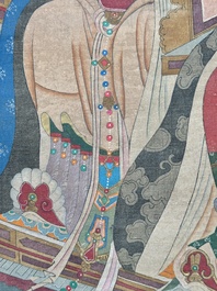 Chinese school: 'Deities in heaven', ink and colour on silk, Qing