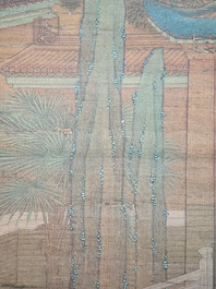 Chinese school: 'A bear breaks into the palace', ink and colour on silk, Qing