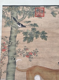 Chinese school, after Giuseppe Castiglione 郎世寧 (1688-1766): 'Hound under the sycamore tree', ink and colour on silk, Qianlong seal mark,18/19th C.