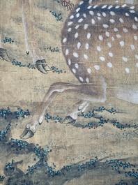 Chinese school: 'Two deer under a pine tree', ink and colour on silk, Qing or later