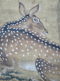 Chinese school: 'Two deer under a pine tree', ink and colour on silk, Qing or later