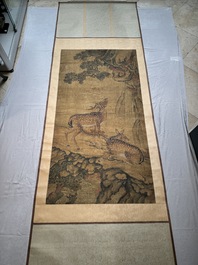 Chinese school: 'Two deer under a pine tree', ink and colour on silk, Qing or later
