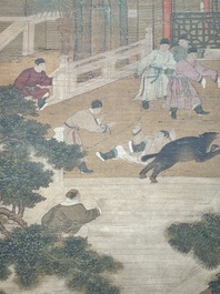 Chinese school: 'A bear breaks into the palace', ink and colour on silk, Qing