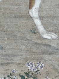 Chinese school, after Giuseppe Castiglione 郎世寧 (1688-1766): 'Hound under the sycamore tree', ink and colour on silk, Qianlong seal mark,18/19th C.