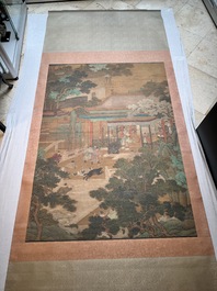 Chinese school: 'A bear breaks into the palace', ink and colour on silk, Qing