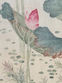Chinese school: 'Lotus', ink and colour on paper, Cixi seal mark, 19/20th C.