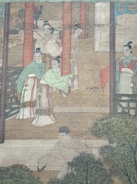 Chinese school: 'A bear breaks into the palace', ink and colour on silk, Qing