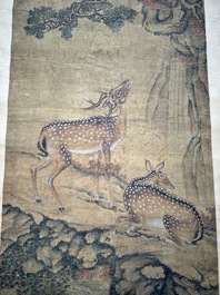 Chinese school: 'Two deer under a pine tree', ink and colour on silk, Qing or later