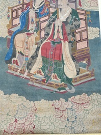 Chinese school: 'Deities in heaven', ink and colour on silk, Qing