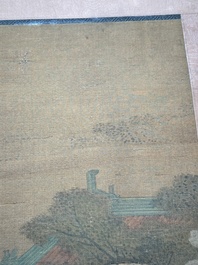 Chinese school: 'A bear breaks into the palace', ink and colour on silk, Qing