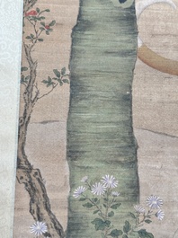 Chinese school, after Giuseppe Castiglione 郎世寧 (1688-1766): 'Hound under the sycamore tree', ink and colour on silk, Qianlong seal mark,18/19th C.