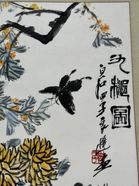 Qi Liangchi 齊良遲 (1921-2003): 'Butterfly, crickets and flowers', ink and colour on paper