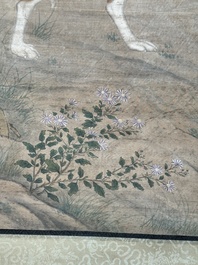 Chinese school, after Giuseppe Castiglione 郎世寧 (1688-1766): 'Hound under the sycamore tree', ink and colour on silk, Qianlong seal mark,18/19th C.