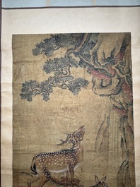 Chinese school: 'Two deer under a pine tree', ink and colour on silk, Qing or later