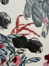 Qi Liangchi 齊良遲 (1921-2003): 'Butterfly, crickets and flowers', ink and colour on paper