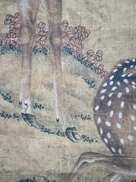Chinese school: 'Two deer under a pine tree', ink and colour on silk, Qing or later
