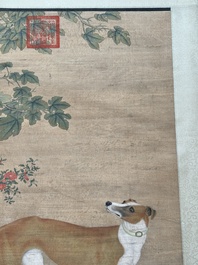 Chinese school, after Giuseppe Castiglione 郎世寧 (1688-1766): 'Hound under the sycamore tree', ink and colour on silk, Qianlong seal mark,18/19th C.