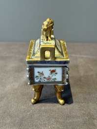 A fine Chinese gilt-decorated blue, white and famille rose covered censer, Qianlong