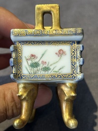 A fine Chinese gilt-decorated blue, white and famille rose covered censer, Qianlong