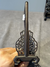 A Chinese wooden ruyi with white jade and a pair of table screens with jade, 19th C.