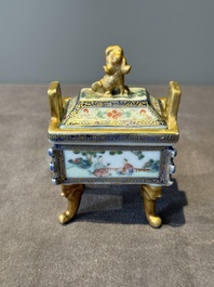 A fine Chinese gilt-decorated blue, white and famille rose covered censer, Qianlong