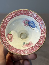 A pair of Chinese Canton enamel 'lotus' candlesticks, Yongzheng
