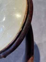 A Chinese wooden ruyi with white jade and a pair of table screens with jade, 19th C.