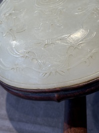 A Chinese wooden ruyi with white jade and a pair of table screens with jade, 19th C.