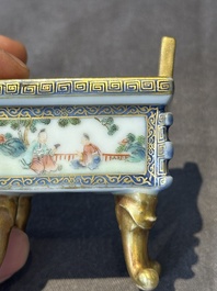 A fine Chinese gilt-decorated blue, white and famille rose covered censer, Qianlong