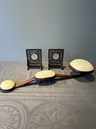 A Chinese wooden ruyi with white jade and a pair of table screens with jade, 19th C.
