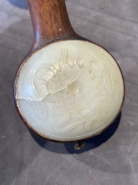A Chinese wooden ruyi with white jade and a pair of table screens with jade, 19th C.