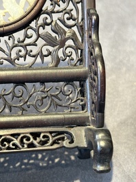 A Chinese wooden ruyi with white jade and a pair of table screens with jade, 19th C.