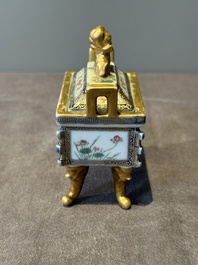 A fine Chinese gilt-decorated blue, white and famille rose covered censer, Qianlong