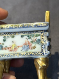 A fine Chinese gilt-decorated blue, white and famille rose covered censer, Qianlong