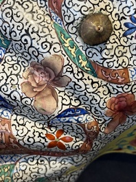 A Chinese Canton enamel helm-shaped ewer with shell-shaped basin, Yongzheng/Qianlong